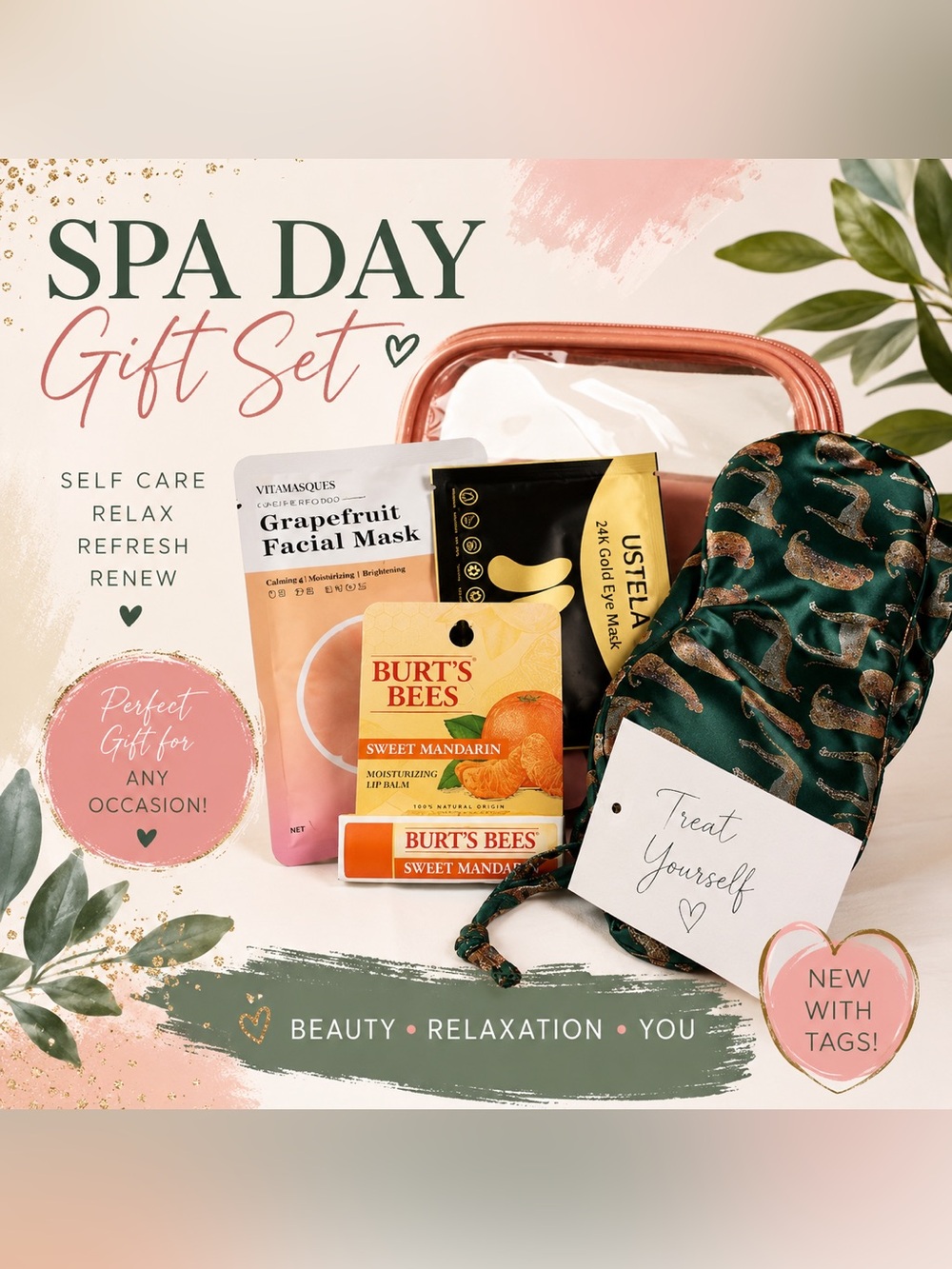 NWT Spa Gift Set w/Sleep Mask, Burt’s Bees Lip Balm, Face Mask & Cosmetic Bag